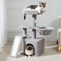 CAMINHAS-Árvore para gatos, torre para gatos de interior, 2 estilos, árvore de atividades para gatos com postes para arranhar, rede grande e poleiro superior removível, cinza