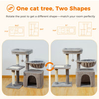 CAMINHAS-Árvore para gatos, torre para gatos de interior, 2 estilos, árvore de atividades para gatos com postes para arranhar, rede grande e poleiro superior removível, cinza