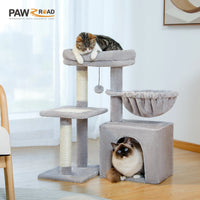 CAMINHAS-Árvore para gatos, torre para gatos de interior, 2 estilos, árvore de atividades para gatos com postes para arranhar, rede grande e poleiro superior removível, cinza