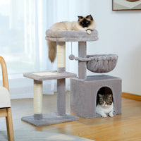 CAMINHAS-Árvore para gatos, torre para gatos de interior, 2 estilos, árvore de atividades para gatos com postes para arranhar, rede grande e poleiro superior removível, cinza