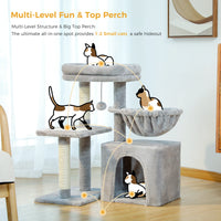 CAMINHAS-Árvore para gatos, torre para gatos de interior, 2 estilos, árvore de atividades para gatos com postes para arranhar, rede grande e poleiro superior removível, cinza