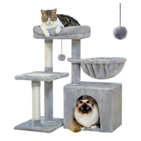 CAMINHAS-Árvore para gatos, torre para gatos de interior, 2 estilos, árvore de atividades para gatos com postes para arranhar, rede grande e poleiro superior removível, cinza