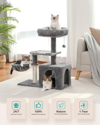 CAMINHAS-Árvore para gatos, torre para gatos de interior, 2 estilos, árvore de atividades para gatos com postes para arranhar, rede grande e poleiro superior removível, cinza