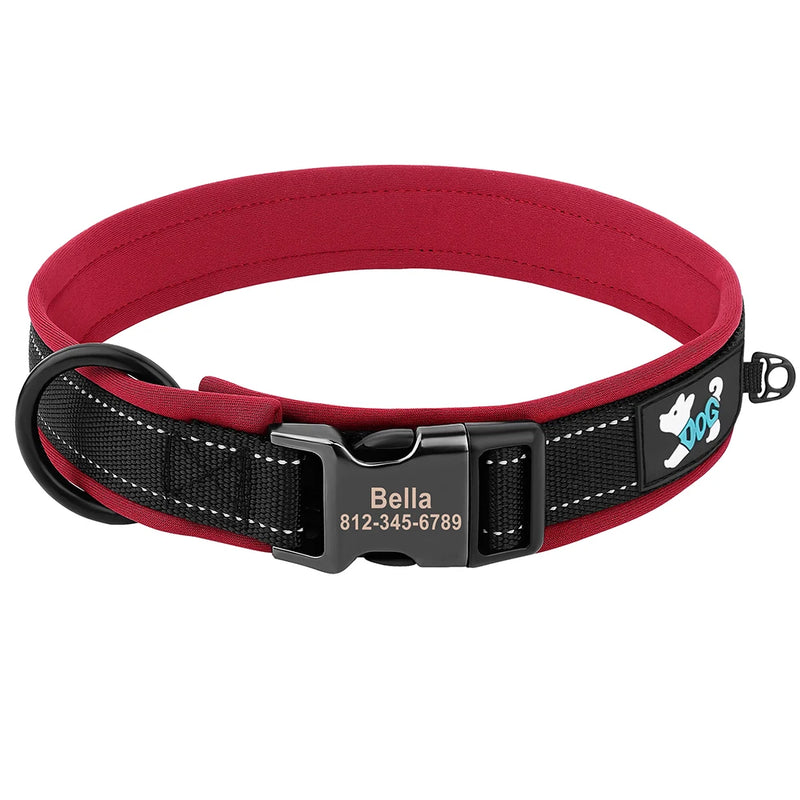 ACESSÓRIOS-Coleira refletiva para cães, identificação personalizada, fivela, gravação gratuita, coleira acolchoada macia, ajustável para cães pequenos, médios e grandes