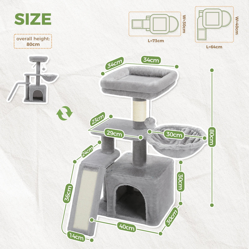 CAMINHAS-Árvore para gatos, torre para gatos de interior, 2 estilos, árvore de atividades para gatos com postes para arranhar, rede grande e poleiro superior removível, cinza