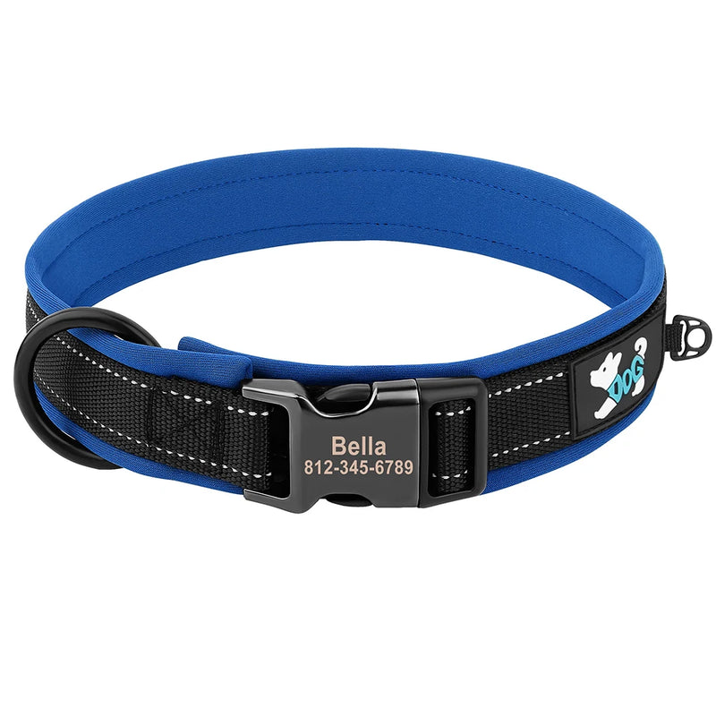 ACESSÓRIOS-Coleira refletiva para cães, identificação personalizada, fivela, gravação gratuita, coleira acolchoada macia, ajustável para cães pequenos, médios e grandes