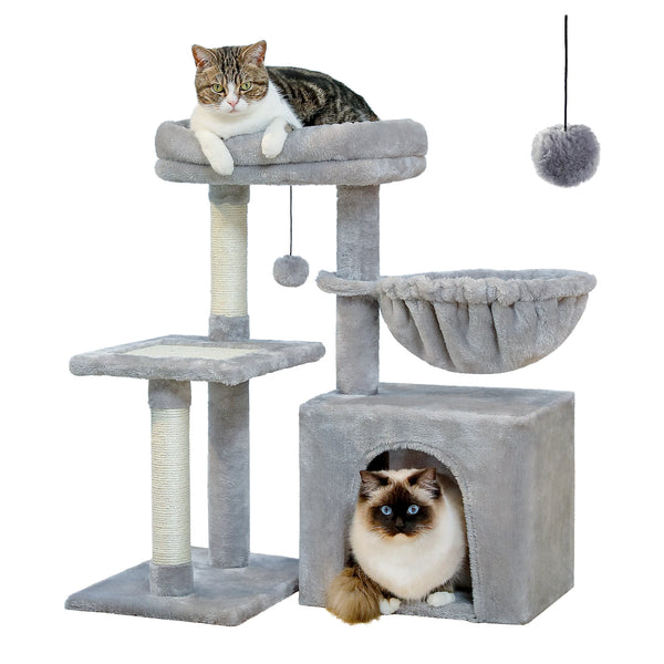 CAMINHAS-Árvore para gatos, torre para gatos de interior, 2 estilos, árvore de atividades para gatos com postes para arranhar, rede grande e poleiro superior removível, cinza