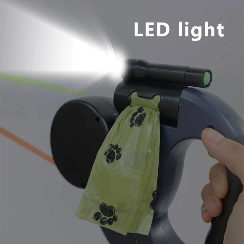 ACESSÓRIOS-Coleira retrátil automática de 3 m com ponta dupla e lanterna LED, saco de lixo, caixa de roleta, corda de tração dupla de 360 graus, suprimentos para animais de estimação