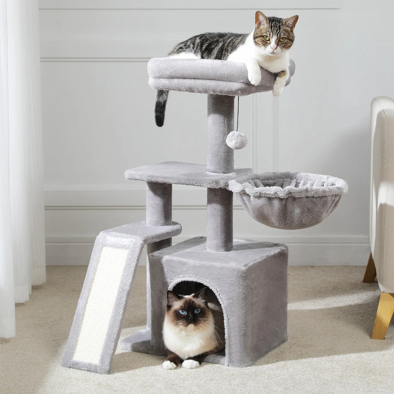 CAMINHAS-Árvore para gatos, torre para gatos de interior, 2 estilos, árvore de atividades para gatos com postes para arranhar, rede grande e poleiro superior removível, cinza