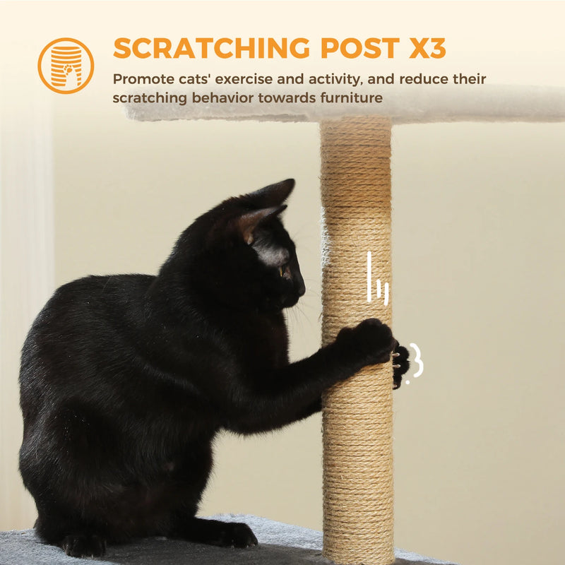 CAMINHAS-Árvore para gatos, torre para gatos de interior, 2 estilos, árvore de atividades para gatos com postes para arranhar, rede grande e poleiro superior removível, cinza
