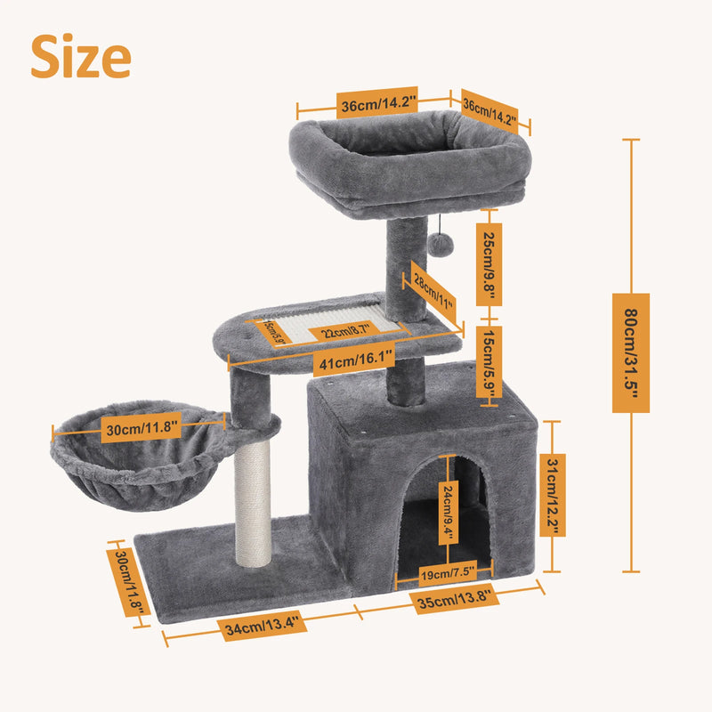CAMINHAS-Árvore para gatos, torre para gatos de interior, 2 estilos, árvore de atividades para gatos com postes para arranhar, rede grande e poleiro superior removível, cinza