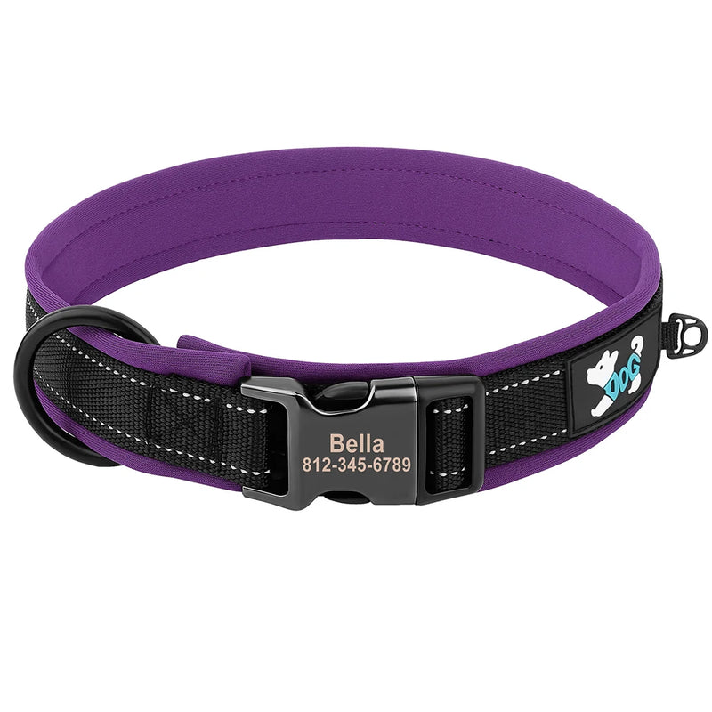 ACESSÓRIOS-Coleira refletiva para cães, identificação personalizada, fivela, gravação gratuita, coleira acolchoada macia, ajustável para cães pequenos, médios e grandes