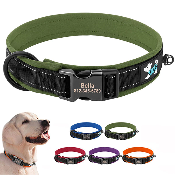 ACESSÓRIOS-Coleira refletiva para cães, identificação personalizada, fivela, gravação gratuita, coleira acolchoada macia, ajustável para cães pequenos, médios e grandes