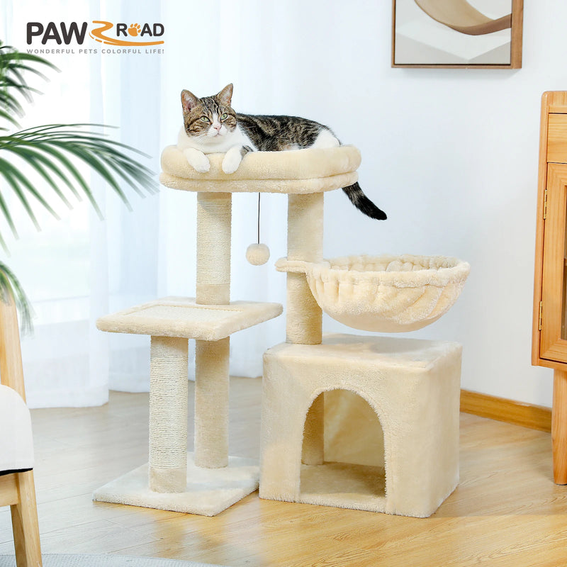 CAMINHAS-Árvore para gatos, torre para gatos de interior, 2 estilos, árvore de atividades para gatos com postes para arranhar, rede grande e poleiro superior removível, cinza