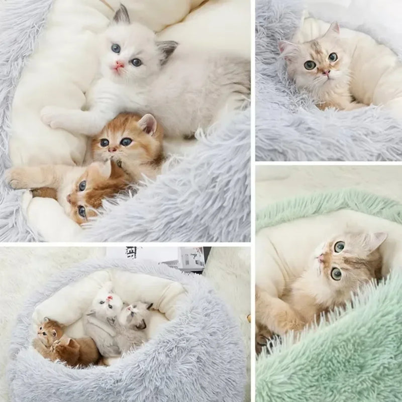 Sacos de dormir para animais de estimação semi-fechados, almofada longa e redonda para gatos, pelúcia macia 2 em 1, camas quentes para gatos, conforto simples, ninho quente para dormir de filhotes