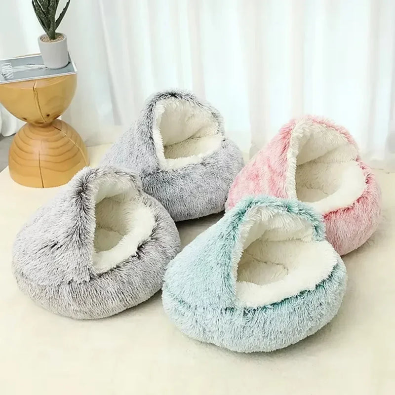 Sacos de dormir para animais de estimação semi-fechados, almofada longa e redonda para gatos, pelúcia macia 2 em 1, camas quentes para gatos, conforto simples, ninho quente para dormir de filhotes