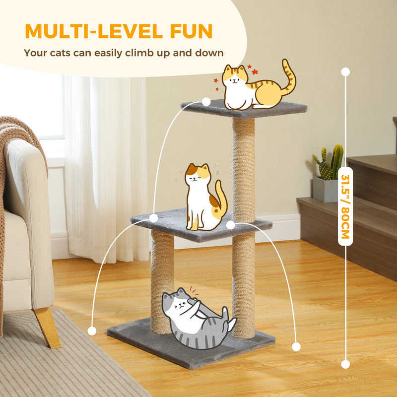 CAMINHAS-Árvore para gatos, torre para gatos de interior, 2 estilos, árvore de atividades para gatos com postes para arranhar, rede grande e poleiro superior removível, cinza