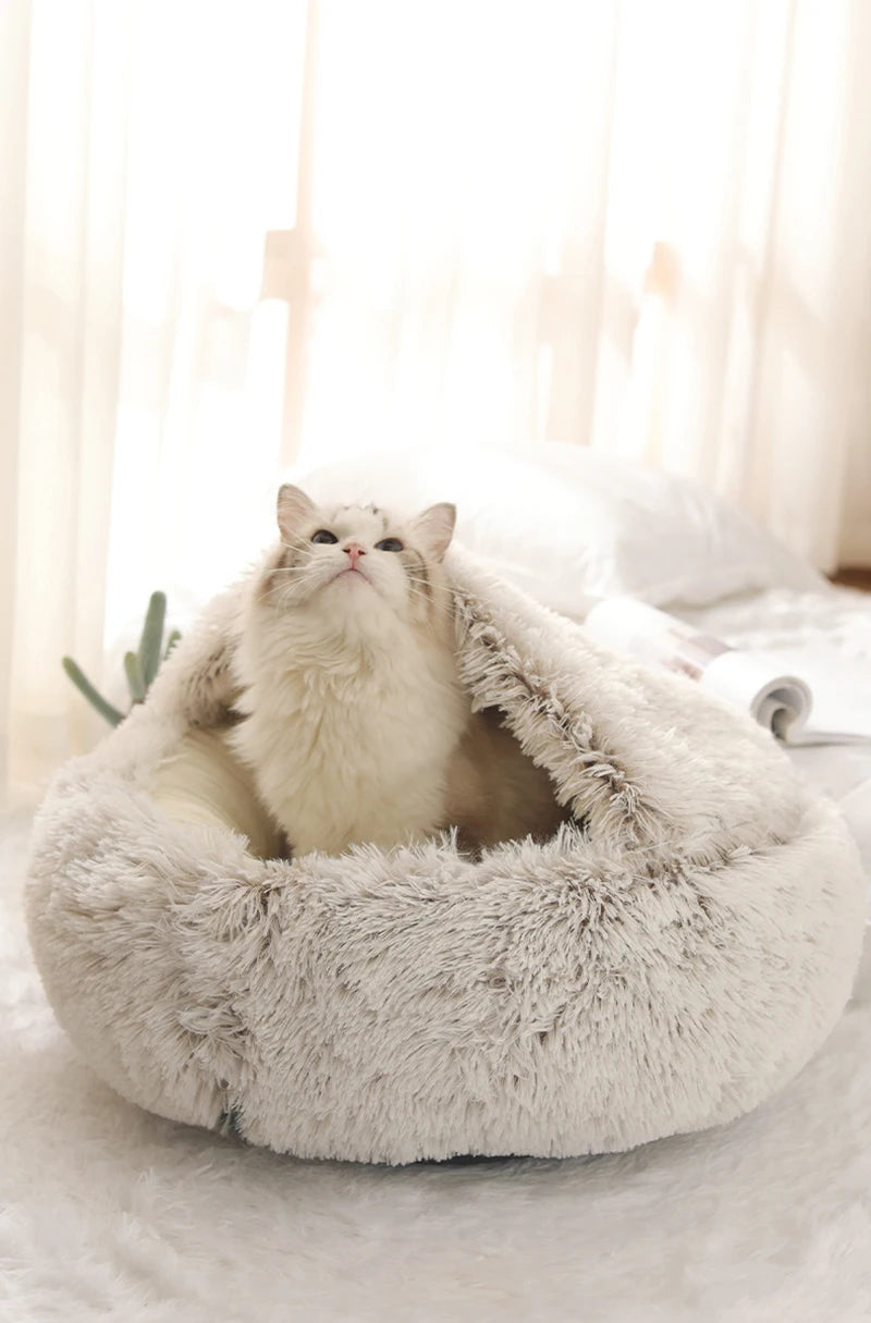 CAMINHAS-Cama macia de pelúcia para animais de estimação com capa, cama redonda para gatos, colchão para animais de estimação, ninho quente para dormir em cães pequenos e gatinhos