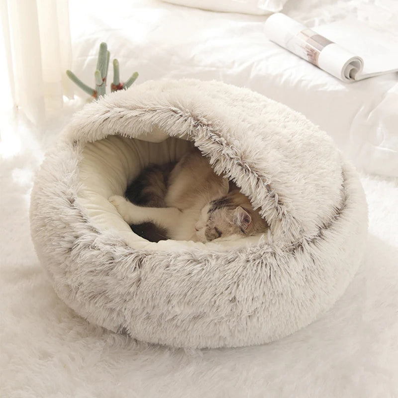 CAMINHAS-Cama macia de pelúcia para animais de estimação com capa, cama redonda para gatos, colchão para animais de estimação, ninho quente para dormir em cães pequenos e gatinhos