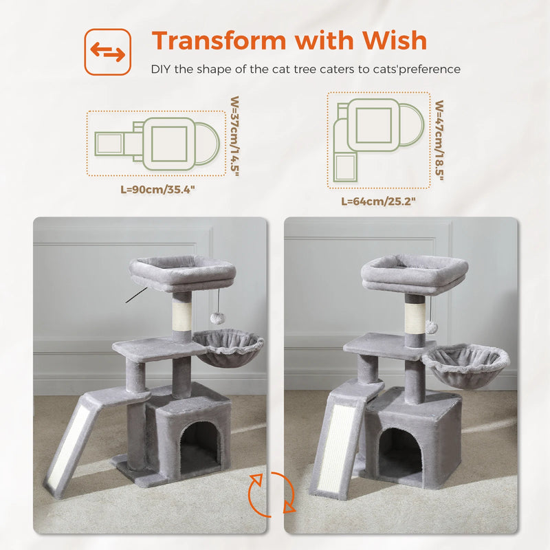 CAMINHAS-Árvore para gatos, torre para gatos de interior, 2 estilos, árvore de atividades para gatos com postes para arranhar, rede grande e poleiro superior removível, cinza