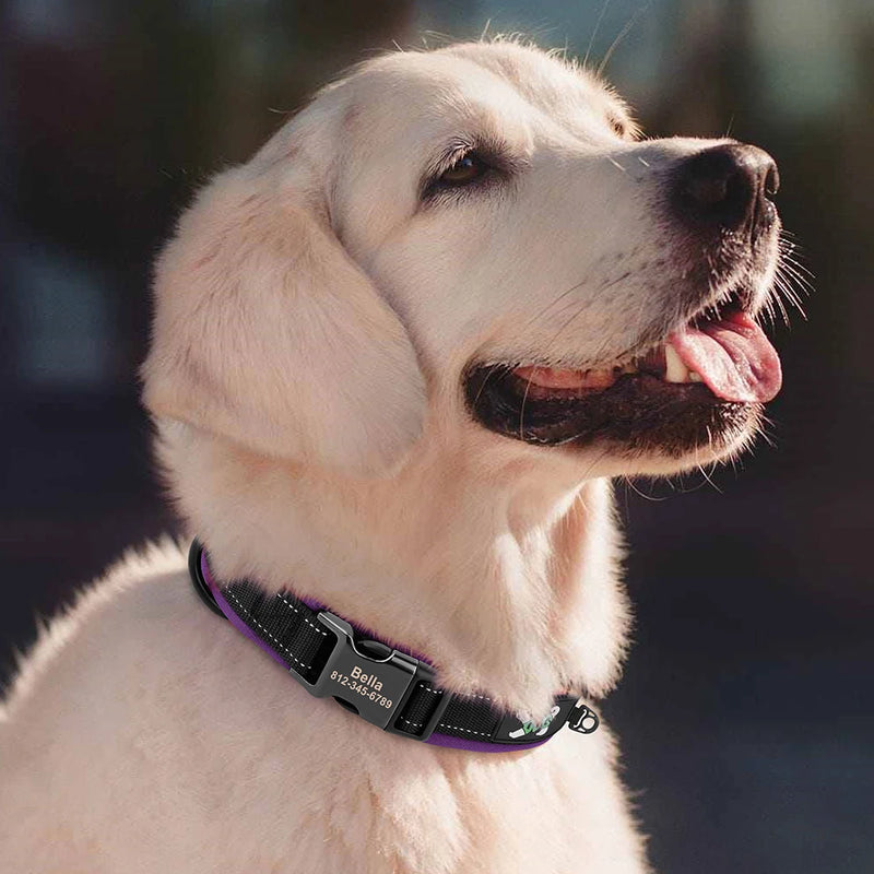 ACESSÓRIOS-Coleira refletiva para cães, identificação personalizada, fivela, gravação gratuita, coleira acolchoada macia, ajustável para cães pequenos, médios e grandes