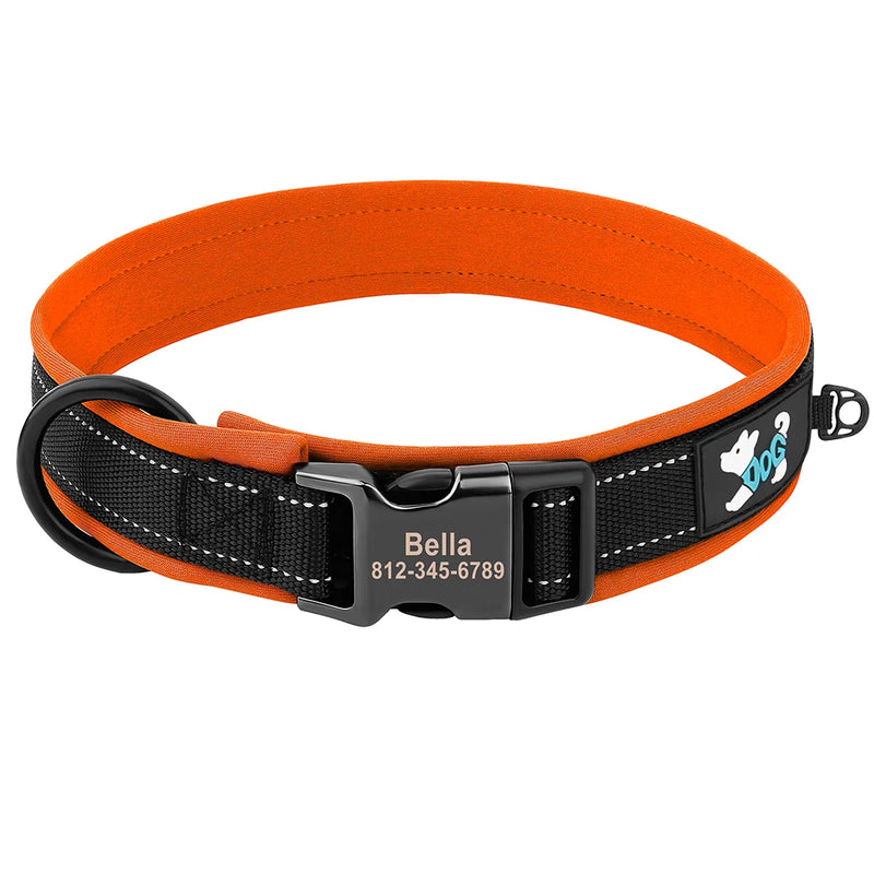 ACESSÓRIOS-Coleira refletiva para cães, identificação personalizada, fivela, gravação gratuita, coleira acolchoada macia, ajustável para cães pequenos, médios e grandes