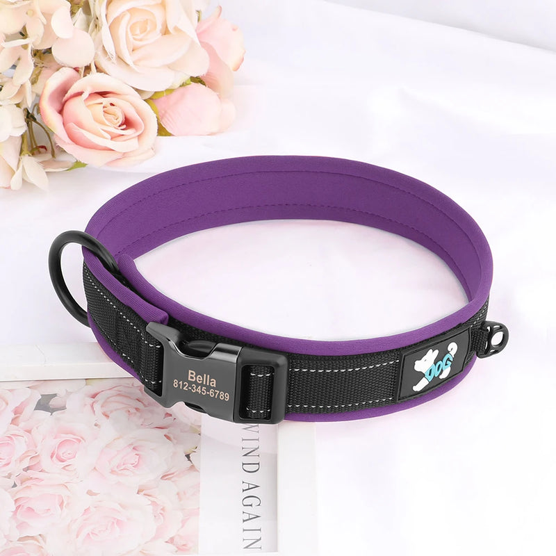 ACESSÓRIOS-Coleira refletiva para cães, identificação personalizada, fivela, gravação gratuita, coleira acolchoada macia, ajustável para cães pequenos, médios e grandes
