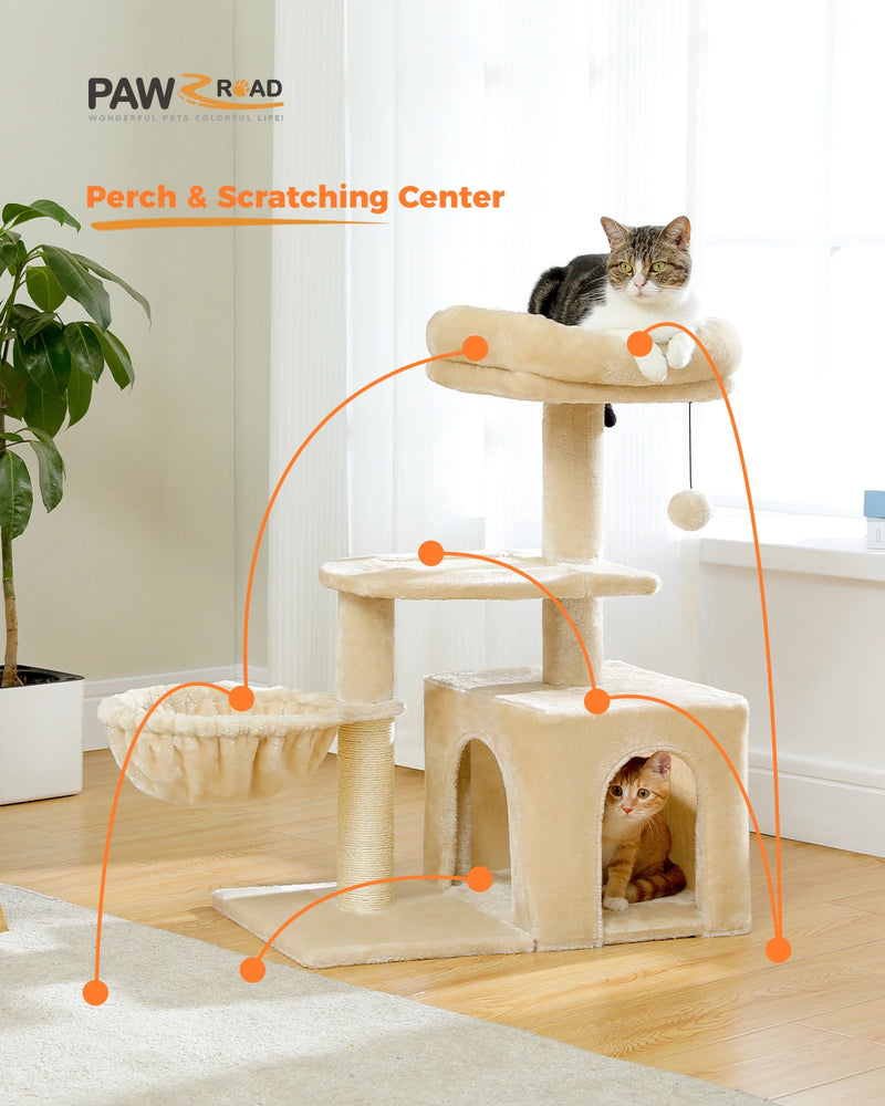 CAMINHAS-Árvore para gatos, torre para gatos de interior, 2 estilos, árvore de atividades para gatos com postes para arranhar, rede grande e poleiro superior removível, cinza