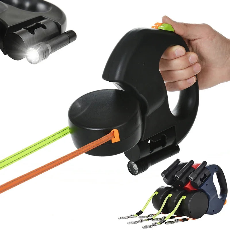 ACESSÓRIOS-Coleira retrátil automática de 3 m com ponta dupla e lanterna LED, saco de lixo, caixa de roleta, corda de tração dupla de 360 graus, suprimentos para animais de estimação
