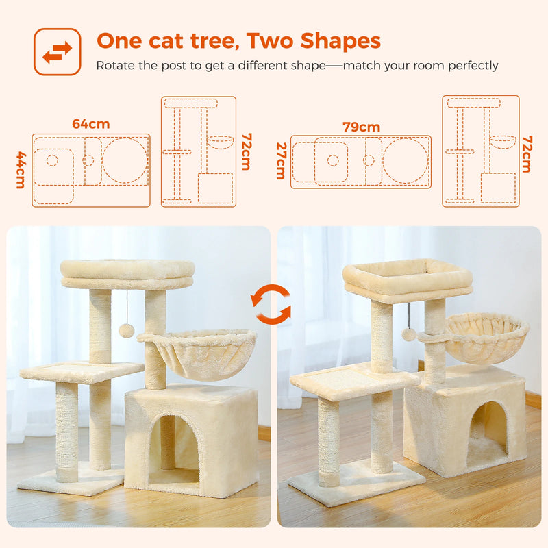 CAMINHAS-Árvore para gatos, torre para gatos de interior, 2 estilos, árvore de atividades para gatos com postes para arranhar, rede grande e poleiro superior removível, cinza