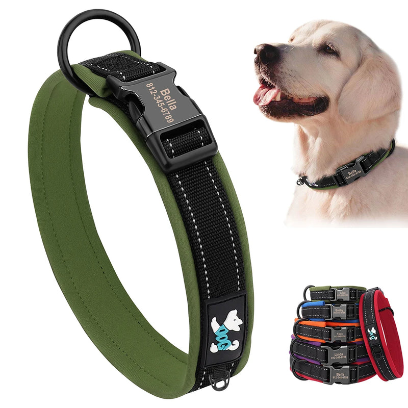 ACESSÓRIOS-Coleira refletiva para cães, identificação personalizada, fivela, gravação gratuita, coleira acolchoada macia, ajustável para cães pequenos, médios e grandes