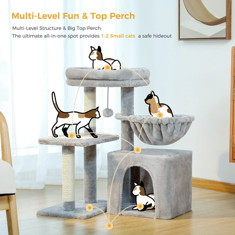 CAMINHAS-Árvore para gatos, torre para gatos de interior, 2 estilos, árvore de atividades para gatos com postes para arranhar, rede grande e poleiro superior removível, cinza