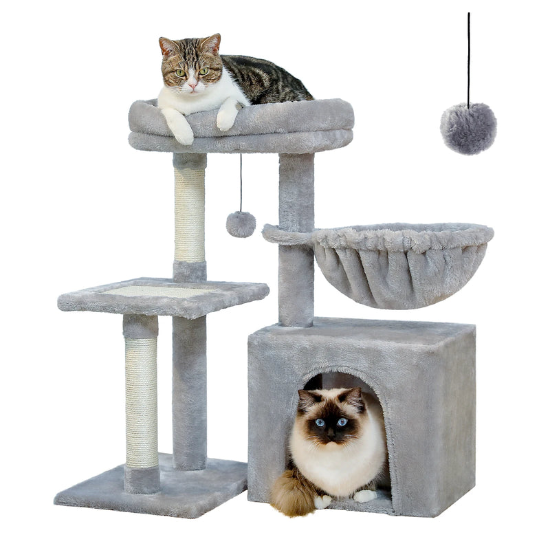 CAMINHAS-Árvore para gatos, torre para gatos de interior, 2 estilos, árvore de atividades para gatos com postes para arranhar, rede grande e poleiro superior removível, cinza