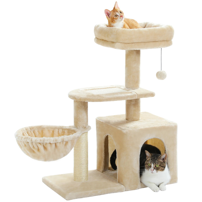 CAMINHAS-Árvore para gatos, torre para gatos de interior, 2 estilos, árvore de atividades para gatos com postes para arranhar, rede grande e poleiro superior removível, cinza