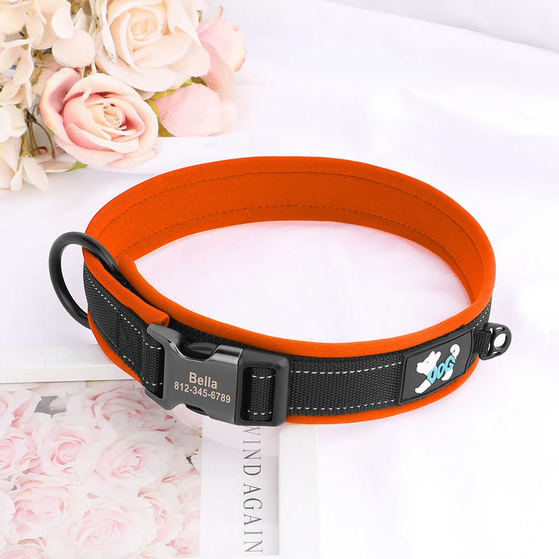 ACESSÓRIOS-Coleira refletiva para cães, identificação personalizada, fivela, gravação gratuita, coleira acolchoada macia, ajustável para cães pequenos, médios e grandes