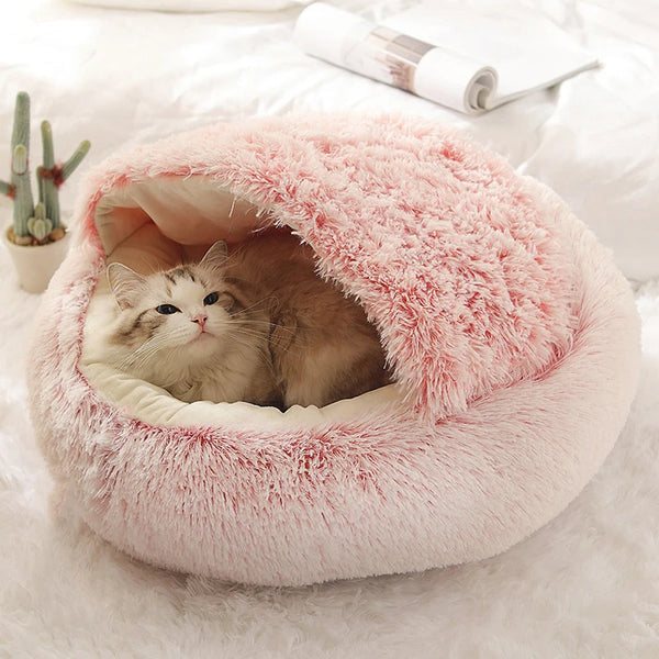 CAMINHAS-Cama macia de pelúcia para animais de estimação com capa, cama redonda para gatos, colchão para animais de estimação, ninho quente para dormir em cães pequenos e gatinhos
