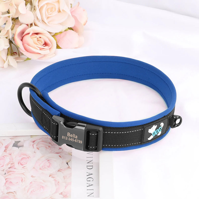 ACESSÓRIOS-Coleira refletiva para cães, identificação personalizada, fivela, gravação gratuita, coleira acolchoada macia, ajustável para cães pequenos, médios e grandes