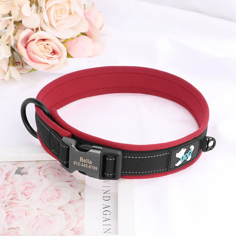 ACESSÓRIOS-Coleira refletiva para cães, identificação personalizada, fivela, gravação gratuita, coleira acolchoada macia, ajustável para cães pequenos, médios e grandes