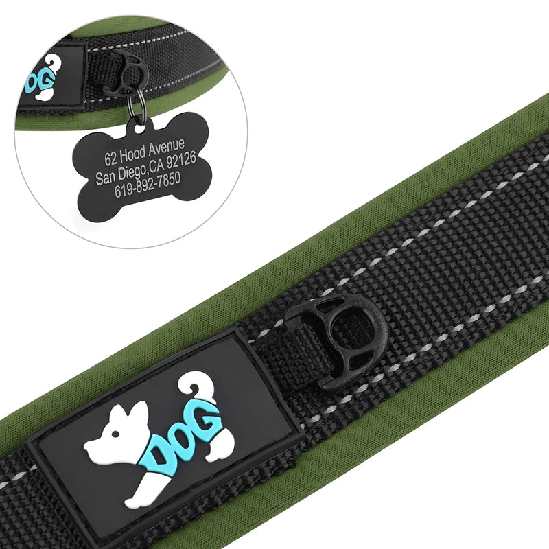 ACESSÓRIOS-Coleira refletiva para cães, identificação personalizada, fivela, gravação gratuita, coleira acolchoada macia, ajustável para cães pequenos, médios e grandes