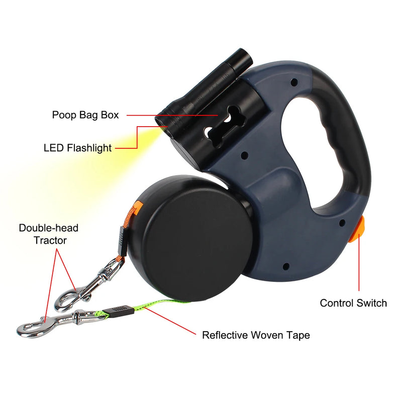 ACESSÓRIOS-Coleira retrátil automática de 3 m com ponta dupla e lanterna LED, saco de lixo, caixa de roleta, corda de tração dupla de 360 graus, suprimentos para animais de estimação